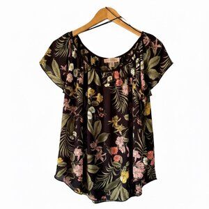 PHILOSOPHY Black Floral Scoop Neck Blouse - Flutter Short Sleeve - M